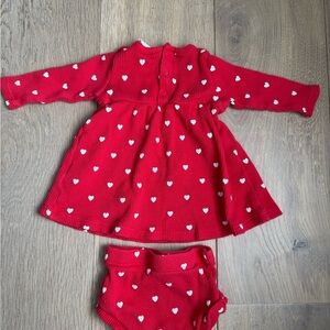 SpearmintLove Organic Waffle Simple Dress & Bloomer, Little White Heart (on Red)
